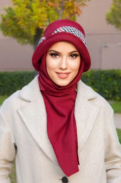 Bordo Dama Aksesuarlı Atkılı Vintage Şapka - Resim 2