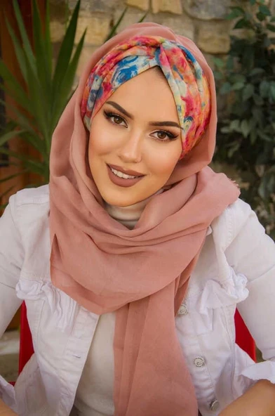 Pudra Gül Desen Burgu Hazır  Şal - Resim 3