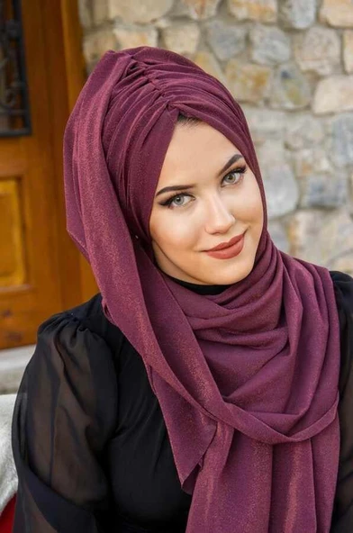 Mürdüm Işıltılı Büzgülü Hazır Şal - Resim 3