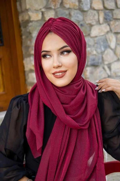 Bordo Işıltılı Büzgülü Hazır Şal - Resim 2