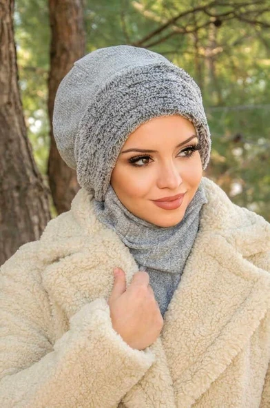 Gri Fitilli Kürk Aksesuarlı Tesettür Bere - 3