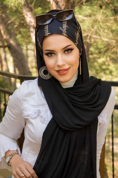 Siyah Yazı Desen Bone Hazır Şal - Resim 3