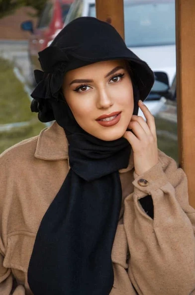 Siyah Aksesuarlı Atkılı Kaşe Vintage Şapka - 2