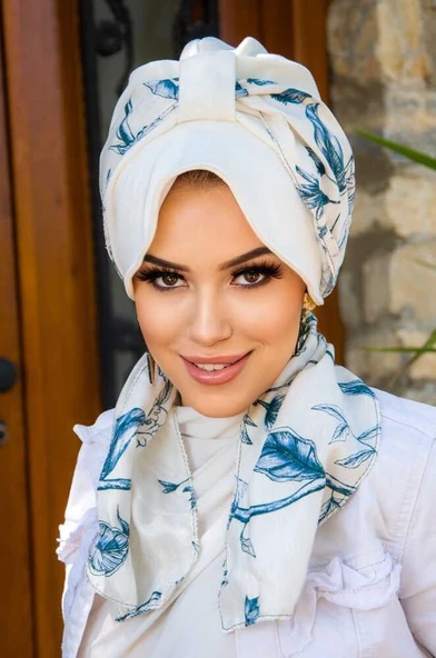 Beyaz Lacivert Yaprak Şapkalı Bone - Resim 2