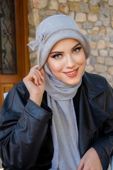 Gri Taşlı Aksesuarlı Vintage Şapka - Resim 2
