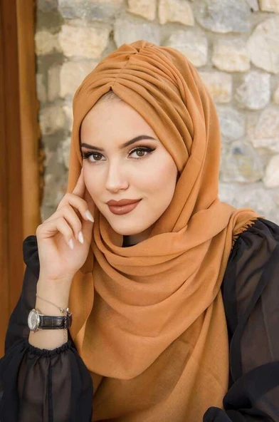 Camel Büzgülü Hazır Şal - Resim 3