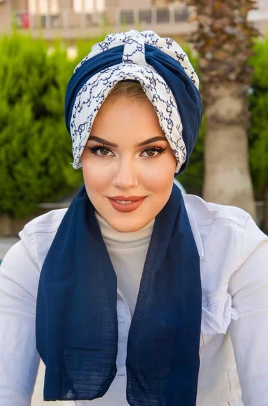 Lacivert Beyaz Hat Desen Fularlı Şapka - Resim 3