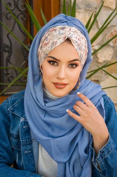 İndigo Ekru Etnik Desenli Hazır Şal ürün görseli