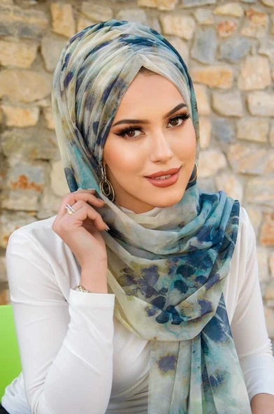 Lacivert Turkuaz Tonlamalı Hazır Şal - Resim 4