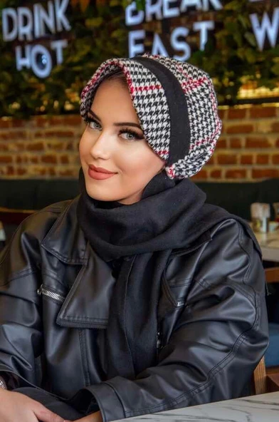 Siyah Kırmızı Kazayağı Desen Tesettür Şapka - Resim 4