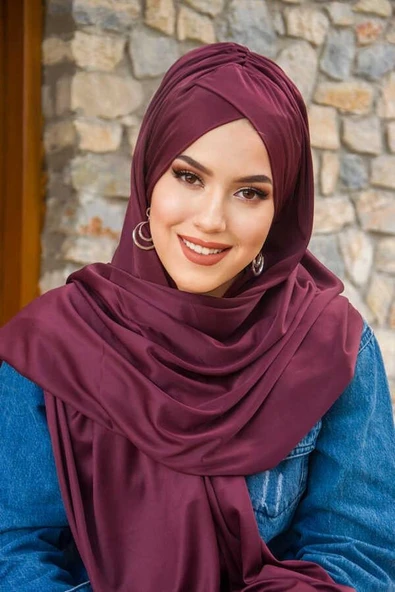 Vişne Çapraz Bantlı Hazır Şal - Resim 3