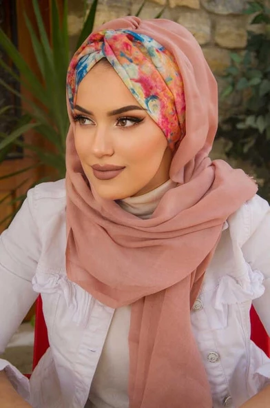 Pudra Gül Desen Burgu Hazır  Şal - Resim 2