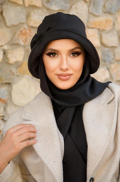 Siyah  Aksesuar Detay Atkılı Vintage Şapka - Resim 2