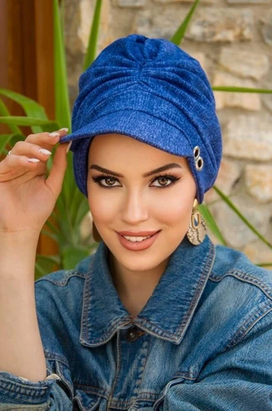 Kot Mavi Desen Metal Detaylı Tesettür Şapka Bone - Resim 2