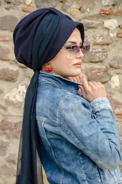 Lacivert Şapkalı Fularlı Şapka Bone - Resim 3