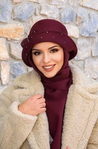 Bordo Taş Detay Vintage Şapka - Resim 2