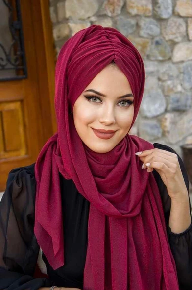 Bordo Işıltılı Büzgülü Hazır Şal - Resim 3