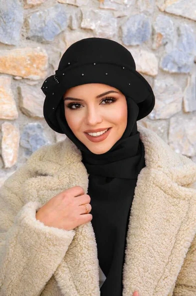 Siyah Taş Detay Vintage Şapka - Resim 2