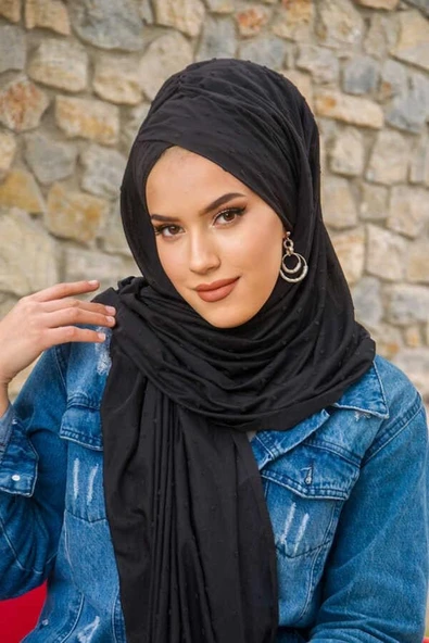 Siyah Ponpon Çapraz Bantlı Hazır Şal - 3