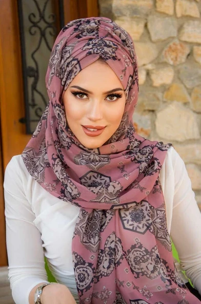 Koyu Pudra Retro Desen Hazır Şal - Resim 4