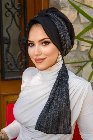 Siyah Pilise Fularlı Şapkalı Bone - Resim 3