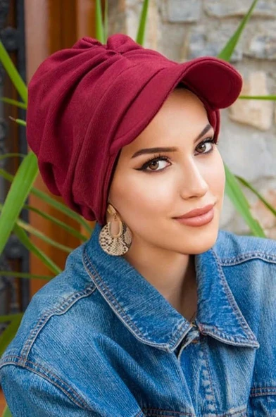 Bordo Tesettür Şapka Bone - Resim 4