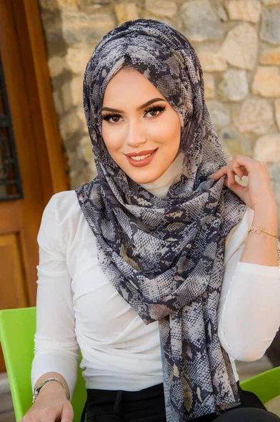 Siyah Bej Yılan Derisi Desen Hazır Şal - Resim 2
