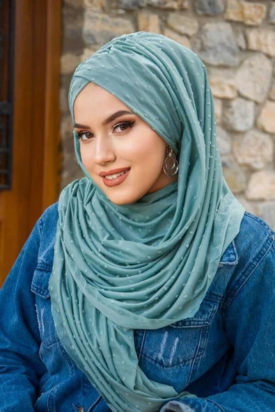 Mint Ponpon Çapraz Bantlı Hazır Şal - 3