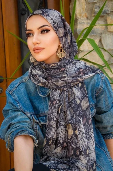 Gri Yılan Desenli Bone Hazır Şal - Resim 2
