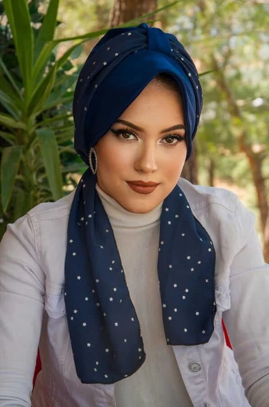Lacivert Yıldız Desen Fularlı Şapka Bone ürün görseli