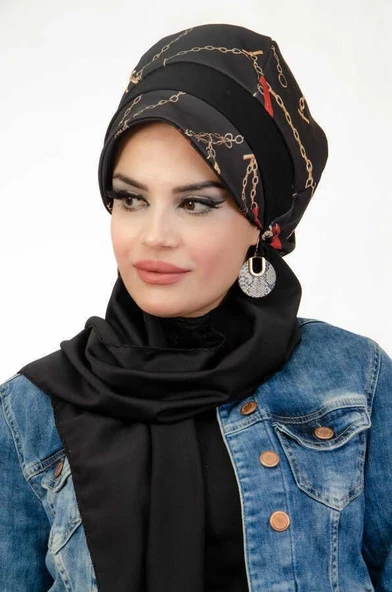Siyah Zincir Desen Tesettür Şapka - Resim 4