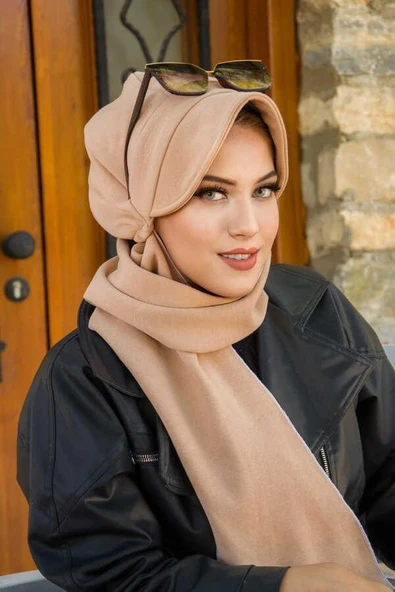 Bej Dore Hazır Atkılı Tesettür Şapka - 3