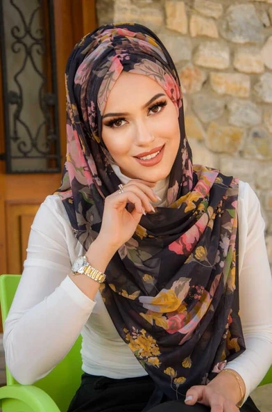 Siyah Çiçek Desen Hazır Şal ürün görseli