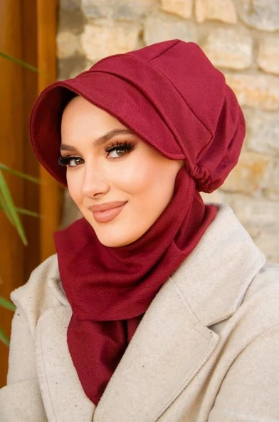 Bordo Hazır Atkılı Tesettür Şapka - Resim 2
