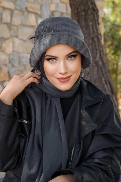 Füme Taşlı Aksesuarlı Vintage Şapka - Resim 2