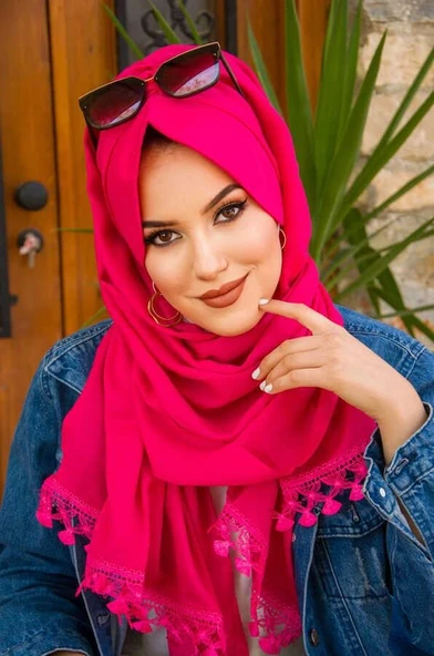 Fuşya Dantelli Şapka Şal - Resim 2