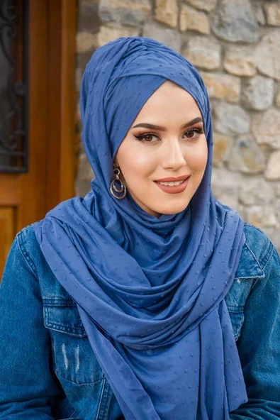 İndigo Ponpon Çapraz Bantlı Hazır Şal - Resim 3