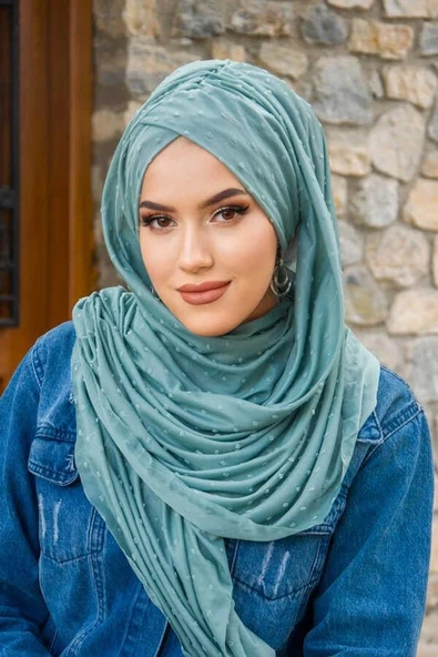 Mint Ponpon Çapraz Bantlı Hazır Şal - 4