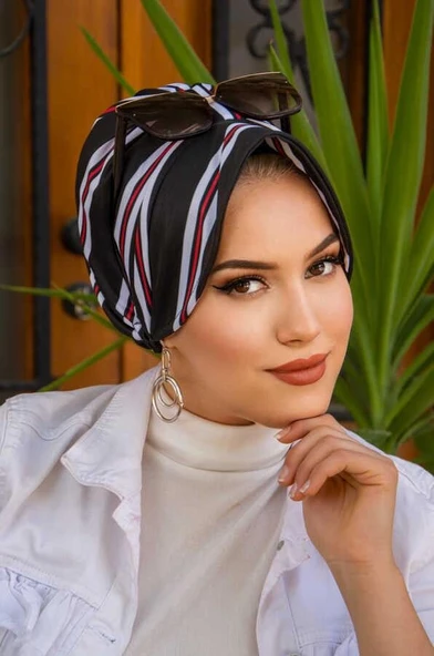 Siyah Kırmızı Çizgili Şapka Bone - Resim 3