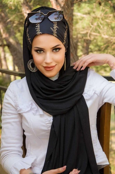 Siyah Yazı Desen Bone Hazır Şal ürün görseli