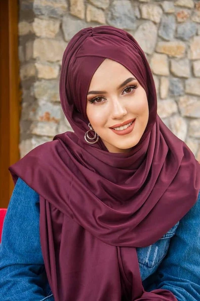 Vişne Çapraz Bantlı Hazır Şal - Resim 2