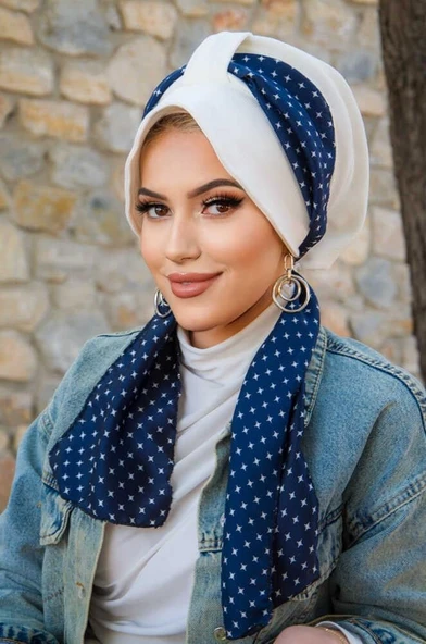 Beyaz Lacivert Desen Fularlı Şapka Bone - Resim 3