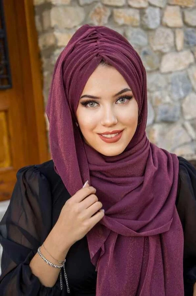 Mürdüm Işıltılı Büzgülü Hazır Şal - Resim 2