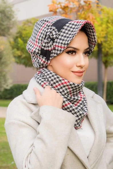 Kırmızı Siyah Kazayağı FiyonkluTesettür Şapka Ve Etol Takım - 2