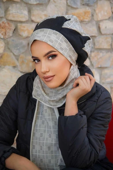 Ekru Ekose Garnili Tesettür Bere - Resim 2