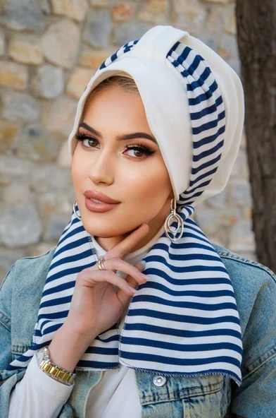 Lacivert Beyaz Desen Fularlı Şapka Bone ürün görseli