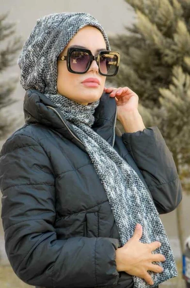 Antrasit Melanj Desenli Tesettür Bere - Resim 3