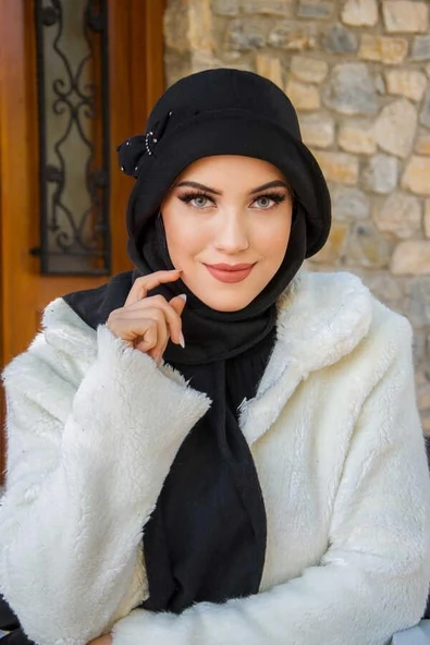Siyah Taşlı Aksesuarlı Vintage Şapka - 3