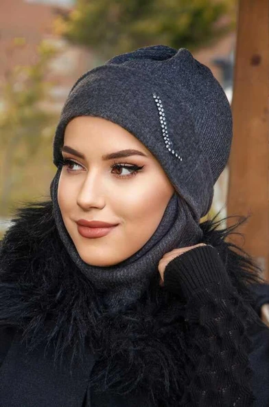 Antrasit Taşlı Maskeli Bere - Resim 4
