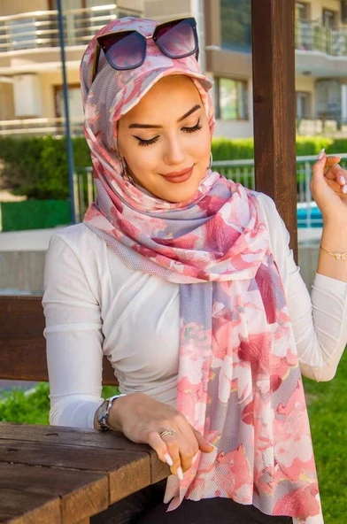 Pudra Gri Desen Kepli Bandana Şapka Şal - Resim 3